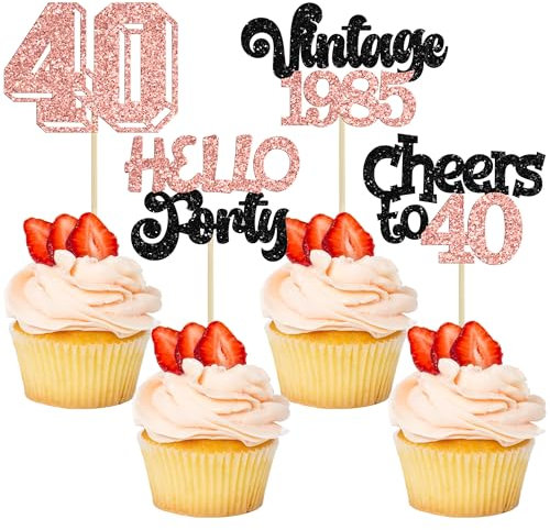 Gyufise 24Pcs Happy 40th Birthday Cupcake Toppers Star 40 Hello Forty Vintage 1985 Cupcake Picks Cheers to 40 Birthday Decorations for 40th Birthday Anniversary Party Decorations Supplies Rose Gold