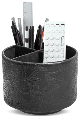 Czzmy Rund Stiftehalter,Leder,360° drehbar,Fernbedienungshalter, drehbarer Nachttisch, TV-Fernbedienung, Schreibtisch-Organizer für Stifte, Bürobedarf, Aufbewahrungsbox(1-Schwarz geschnitzt