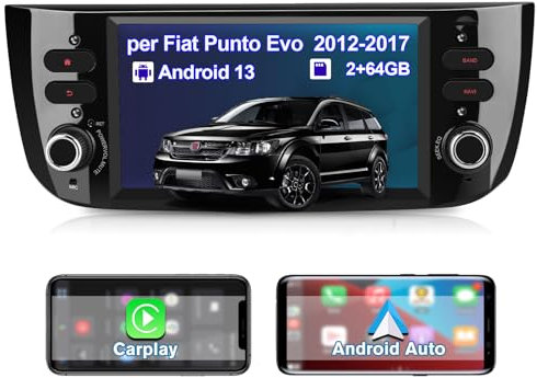 Hexinex Android Autoradio 1 DIN per Fiat Punto Evo (2012-2017) Bluetooth Car Radio CarPlay Android Auto WIFI GPS FM RDS Comandi al volante (2+64GB)