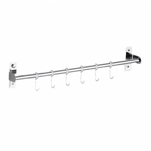 Auliuse Wall Mounted Kitchen Utensil Rack Stainless Steel 15.75in Kitchen Utensil Rail with 6 Hooks Pan Hanging Rail Storage Cooking Utensils Holder Wall for Cooking Tools Pot Cup