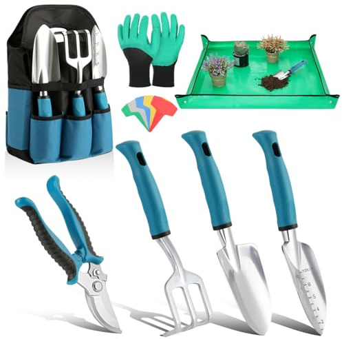 Housolution Gardening Tools Set, 8PCS Heavy Duty Garden Tools with Non-Slip Rubber Grip with Large Garden Bag for Aluminum Alloy Hand Tools for Gardening,Gardening Gifts for Women and Men, Blue+Black