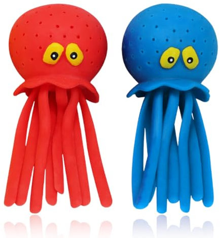 2 Pezzi Polpo Assorbente Acqua, Giocattoli da Bagno per Bambini, Morbido Polpo in Silicone con Effetto Bomba d'Acqua Riutilizzabile, Giochi Acquatici per Vasca e Piscina, 16x6.5cm (Rosso e Blu)