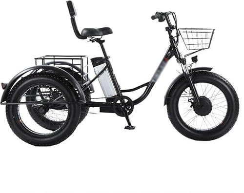 LTdlhFk Elektrisches Dreirad Für Erwachsene, 20-Zoll-Fat-Tire-Cargo-E-Bike Mit 48-V-12-Ah-Lithiumbatterie Und 500-W-Motor, 3-Rad-E-Bike Mit Korb Vorne Und Hinten