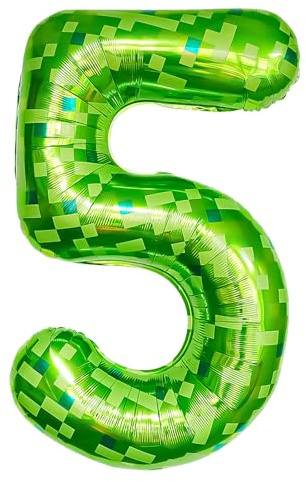 40 Inch Pixel Green Foil 5 Balloon Number for Boys Girls Birthday Decorations,Pixel Giant Helium Foil Number 5 Party Decorations Supplies for Kids' Video Game Birthday Anniversary Party