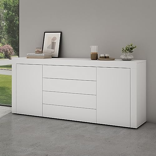 Mai & Mai Sideboard Kommode 167cm 4 Schubladen 2 Türen Stauraum | Kommode mit Schubladen & verstellbaren Böden, grifflos, matt Weiß, für Wohnbereich, BxTxH:167x36x70cm, Schrank03