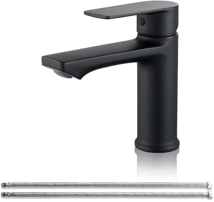 BELZ Schwarz Einhebel Waschtischarmatur,Wasserhahn Bad 96mm | Einfache G3/8 Einlochmontage,Inklusive flexibler Schläuche.Ideal für Gäste-WC & Badezimmer,Leise, bleifrei & pflegeleicht.