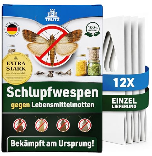TRUTZ® Schlupfwespen gegen Lebensmittelmotten | 12 Karten à 1 Lieferung | Nachhaltig & Effektiv Lebensmittelmotten bekämpfen | Alternative zu Mottenspray, Mottenkugeln und Lebensmittelmotten Falle