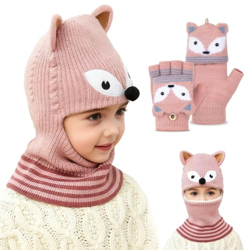 Kinder Winter Mütze mit Loop Schal Handschuhe Set,Warme Halbfinger Fäustlinge, Gestrickt Fingerlose Klapphandschuhe, Niedlich Cartoon Fuchs Strickmütze für Jungen Mädchen 5-10 Jahre Rosa