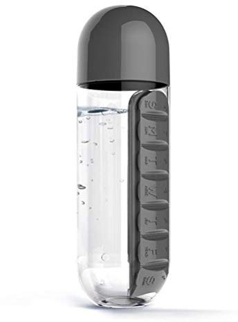 Stylebest Botella de Agua de 600 Ml, Diseño 2 en 1 con Pastillero Organizador para Viajes y Fitness, Planificador de Medicamentos de 7 Días, Portátil y Ligero (Negra)
