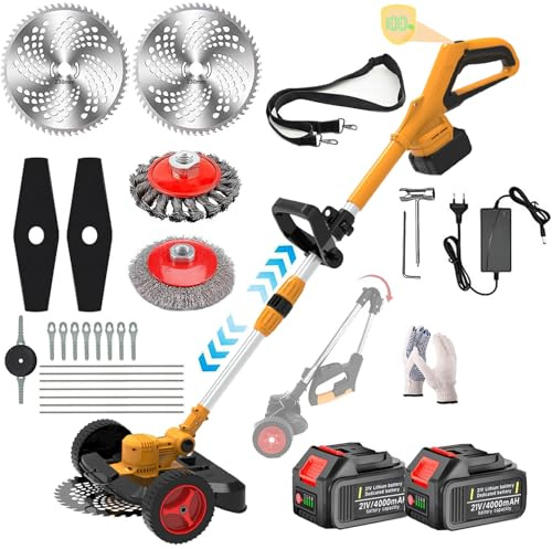 Fiutazge Decespugliatore Elettrico Pieghevole con Ruote Rimovibili,2 Baterías, 5 Tipi di Lame,Tagliaerba a Batteria,Telescopico,Angolazione Regolabili per Il Taglio Di Giardini,Cespugli e Prati