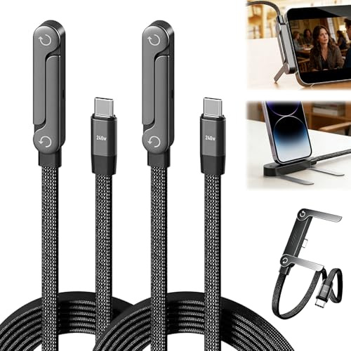 Pipihome 2 Stück 2-in-1 Ladekabel mit Ständer, 240 W Seitliches Ladekabel, Schnellladekabel USB C Kabel, Mehrfach Verstellbar, für Smartphones, Tablets, Laptops, 1.5 M