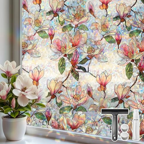 Mgood Stained Glass Window Film Privacy Rainbow Window Film, 30 x 200 cm | Pink Magnolia Floral Pattern, Decorative, Static Cling, Removable, Vinyl, UV Blocking, for Home, Office, Doors, Living Room