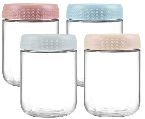 INCETUE 480 ml/16 oz Glas Vorratsdosen mit Deckel, 4er Set Kleine Süße Dekorative Vorratsgläser, Stapelbarer Glasbehälter für Overnight Oats, Müsli, Joghurt, Salat, Pudding, Pasta, Nudeln, Mehl