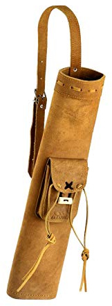 elToro Rückenköcher Bone 1, edler Rückenköcher aus honigbraunem Wildleder | mit Echtknochenverzierung & Tasche, handgestickt, 52 cm, traditioneller Pfeilköcher für Bogenschießen