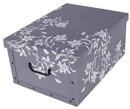 Kreher XXL Dekokarton, Aufbewahrungsbox mit Deckel und Griffen. 45 Liter Volumen. Verschiedene Motive (Barock Blume Grau)