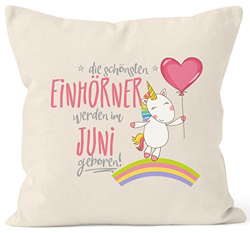 MoonWorks Kissenbezug die schönsten Einhörner Werden im Juni geboren 40x40 Baumwolle Geschenk Geburtstag Unicorn Natur 40cm x 40cm