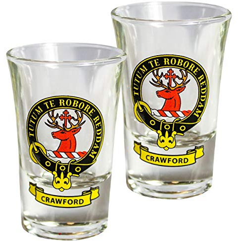 I LUV LTD Tequila Slammer Shot Glass Crawford Clan Crest Set of 2 Scottish Made
