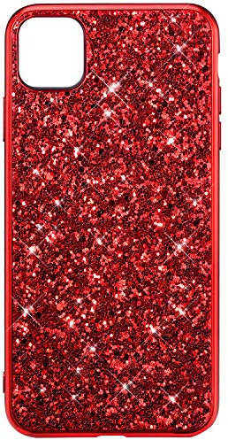 QPOLLY Brillant Coque Compatible avec iPhone 11 Étui Paillette Bling Glitter de PC Hard Case Placage Plastique Housse de Protection avec Silicone Anti-Choc TPU Bumper,Rouge