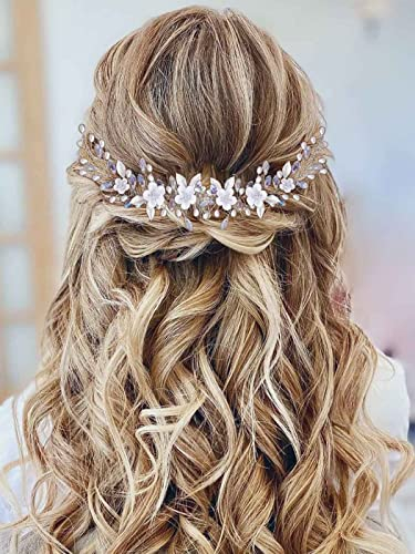 Vakkery Blumen-Hochzeits-Haarschmuck, silberfarben, Kristalle, Kopfschmuck, Perlen, Braut-Haarschmuck für Damen und Mädchen, 2 Stück