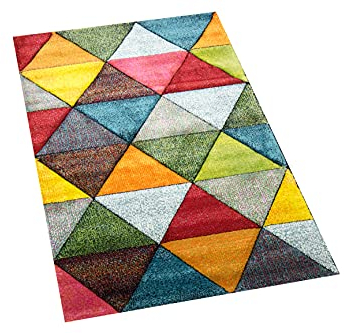 CARPETIA Abstrakter Wohnzimmer Teppich mit modernem bunten Dreiecksmuster Design orange grün rot - pflegeleicht Größe 60x110 cm