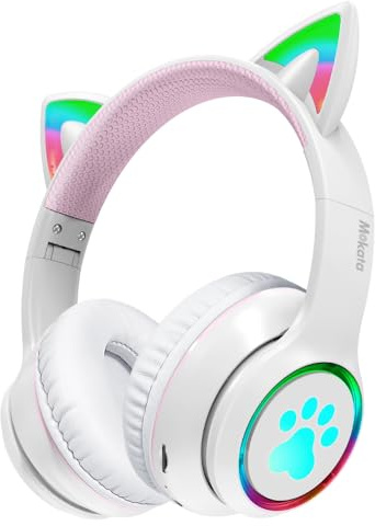 Mokata Casque de jeu Bluetooth 5.0 sans fil supra-auriculaire avec lumière LED, casque de musique pliable avec microphone auxiliaire 3,5 mm (intégré) pour adultes et enfants, PC, TV, jeu, pavé de