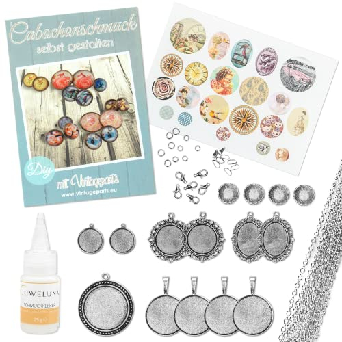 Vintageparts Set KLARA Schmuckzubehör Cabochonset Vintage für Einsteiger in silberfarben mit über 80 Teilen: Cabochons, Ketten und Motiven zum Schmuck basteln