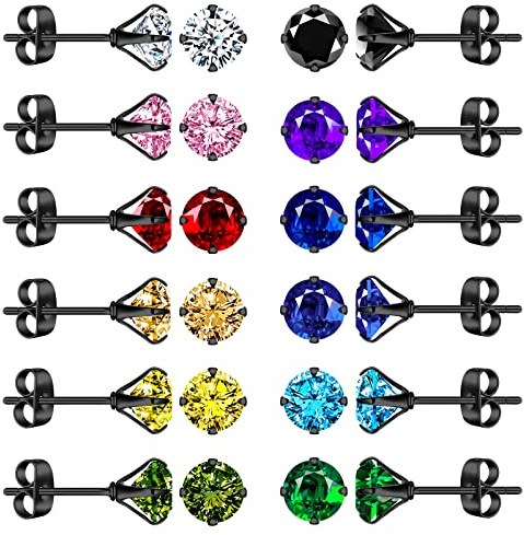 MicVivien 24 Pezzi Set Orecchini Colorati Diamante in Acciaio Inossidabile per Donna Uomo Orecchini a Bottone Zircone Set Ragazza, 4mm/6mm/8mm