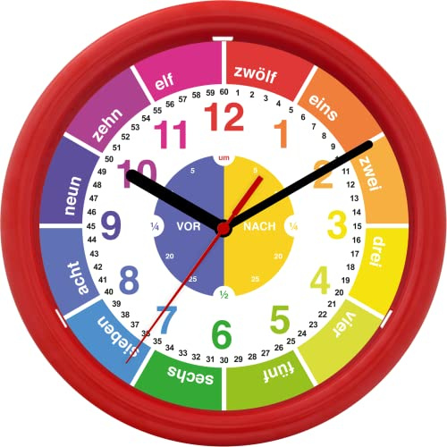 Eurotime Kinder Wanduhr Lernzifferblatt, kein Ticken, schleichende Sekunde (geräuscharm) 25 cm; 80014-01