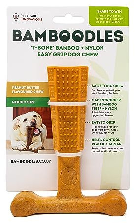 Bamboodles T-Bone Dog Chew Toy – Medium | Peanut Butter Flavour | Long Lasting Natural Chew Stick for Medium Dogs | Durable and Safe Dog Chew for Daily Gnawing Fun