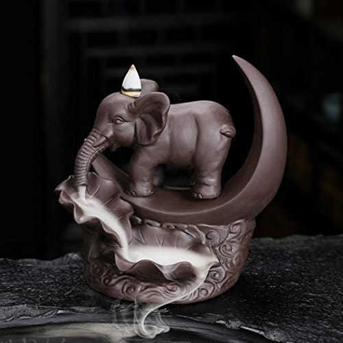 SHEBUYLLI Backflow Incense Burner Elephant Moon Handicraft Incense Holder Ceramic Fountain Censer + Cones Sticks Tweezer Mat for Home Office (Brown)