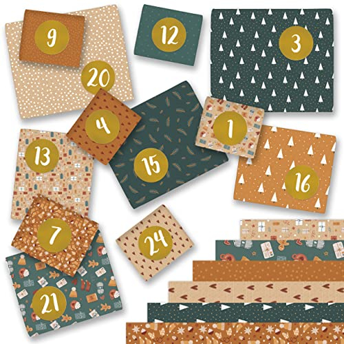 Papierdrachen DIY Adventskalender Geschenkpapier 2025 - Wrapping Paper mit Zahlen von 1-24 - Motiv Packpapier Set 7 - Geschenkverpackung Advent für größere Geschenke - 24 Bögen 29,7 x 42 cm - Set 7