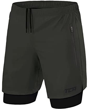 TCA Ultra Laufhose Herren 2 in 1 Kurze Sporthose Trainingsshorts Laufshorts mit integrierter Kompressionshose und Reißverschlussfach - Grün (2X reißverschlusstasche), M