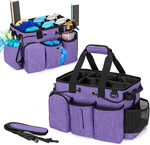 LoDrid Large Professional Cleaning Caddy with Detachable Divider, Supply Organizer with Handle and Shoulder Strap, Cleaning Bags for Housekeepers & Cleaners, Purple