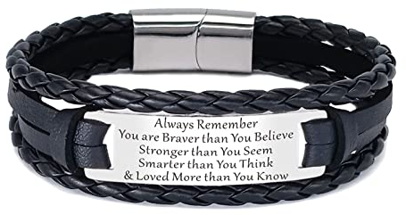 HAYOUWAY Mens Leather Bracelet Gifts for Him Men, Personalised Handmade Braided Leather Bracelet for Men Women Teen Boys Son Gifts with Stainless Steel Magnetic Clasp Engraved Inspirational Quote