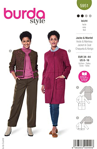 Burda Schnittmuster, 5951, Jacke und Mantel selber nähen [Damen, Gr. 34-44] Level 2 für Anfänger