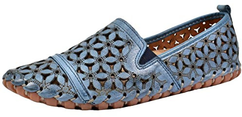 Gemini Damen Slipper Leder Mokassin floral Blumen Cutouts 031174-02, Größe:41 EU, Farbe:Blau