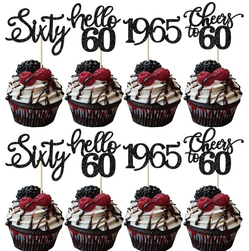 24 Stück 60 Geburtstag Cupcake Toppers Glitter Sixty seit 1965 Prost auf 60 Cupcake Picks Hallo 60 Jahre Geburtstagskuchen Dekorationen für glückliche 60 Geburtstag Jubiläum Party Schwarz