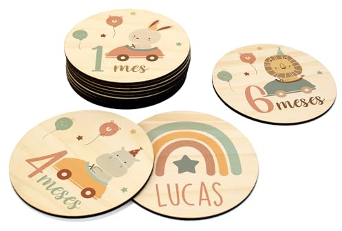DEHOME - Placas Cumplemes Personalizadas con Nombre - Tarjetas Hito Bebé Madera Pino Natural 4mm - Impresión Directa sobre la madera - Regalo para Recién Nacido Hecho en España (Party, Español)