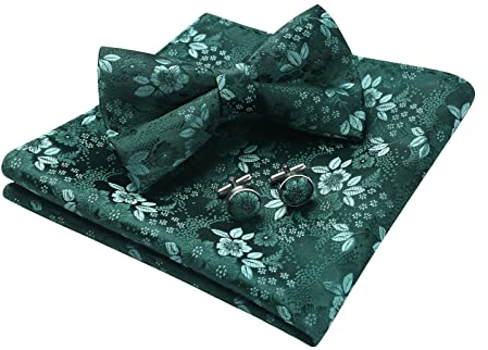 HISDERN Fliege Einstecktuch Set Herren Blumen Fliegen und Taschentuch mit Manschettenknöpfe Bereits Gfebunden Schleife für Hochzeit Sfeier Weihnachten Halloween,Grün