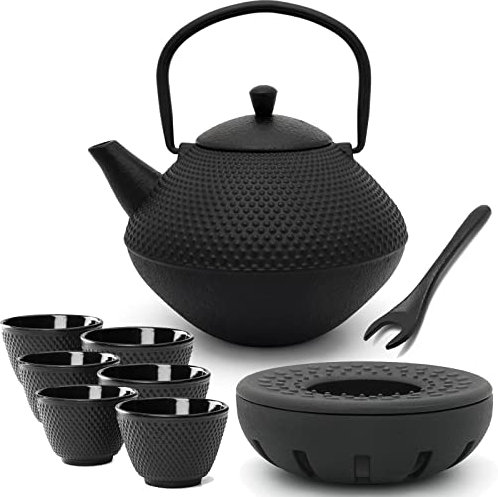 Bredemeijer Teekanne Set Gusseisen 1.0 Liter - mit Edelstahl Tee-Filter Sieb-Einsatz - 6 Teebecher (Tassen) & Stövchen & Deckelheber - 9-teiliges Teeset für losen Tee
