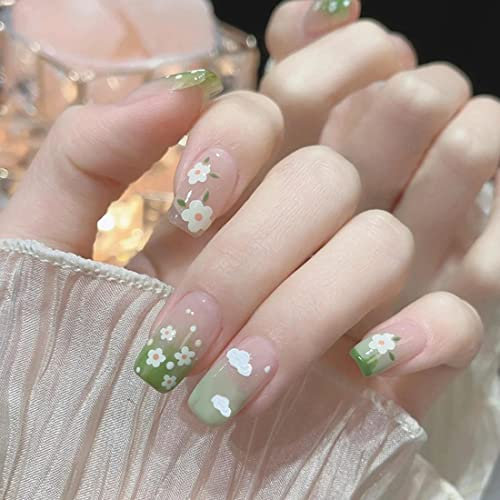 SINLOV Carré Faux Ongles Fleur Moyenne Faux Ongles 24PCS Rose Vert Français Couverture Complète Ongles Faux Acrylique Impression Sur Ongles Pour Femmes Filles