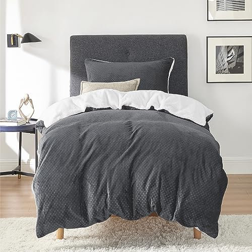 BEDSURE Flauschige Bettwäsche 135x200 Grau - Winter Bettbezug Fleece mit 80x80 cm Kissenbezug, Warme Bettwäsche-Sets mit Reißverschluss, Kuschel Waffelpique Winterbettwäsche Anthrazit für Einzelbett