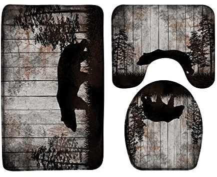 ZKJSMGS Rustikaler Bären-Badematte, Wildtierbär, Kiefernbaum, Waldhütte, Vintage-Holzbrett, Retro, Landhaus-Safari, 3-teiliges Badteppich-Set, 40,6 x 61 cm, Badematte, WC-Sitzbezug, U-förmige Toilette