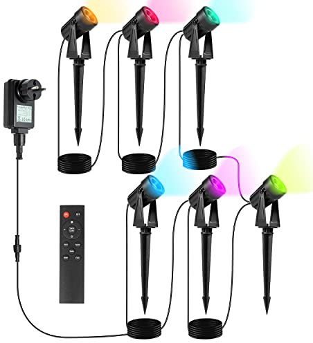 Gimisgu Gartenbeleuchtung LED, 6 in 1 RGB Farbwechsel Gartenleuchten LED mit Erdspieß, 6er Set Gartenlampe Wegbeleuchtung mit Stecker und Fernbedienung, IP65 Wasserdicht für Garten Teich