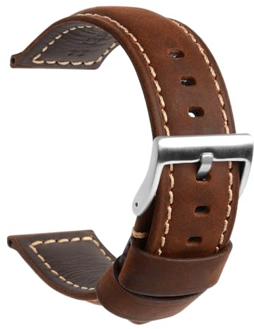 TStrap Cinturino Pelle Orologio 22mm - Marrone Scuro Cuoio Vintage Elegante Cinturini Uomo - Flessibile Spessore Militari Bracciale di Ricambio Fibbia per Smartwatch - 20mm 22mm 24mm