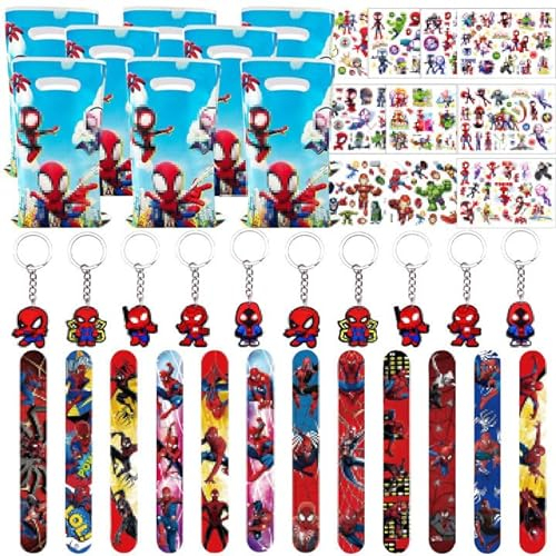 42 Piezas Spider Regalos Fiesta, 10 Tatuajes Temporales Spider, 10 llaveros de Spider, 10 Bolsas de Regalo Spider, 12 Pulseras de Bofetadas Spider, Spider Regalos de Fiesta de Cumpleaños para Niños.