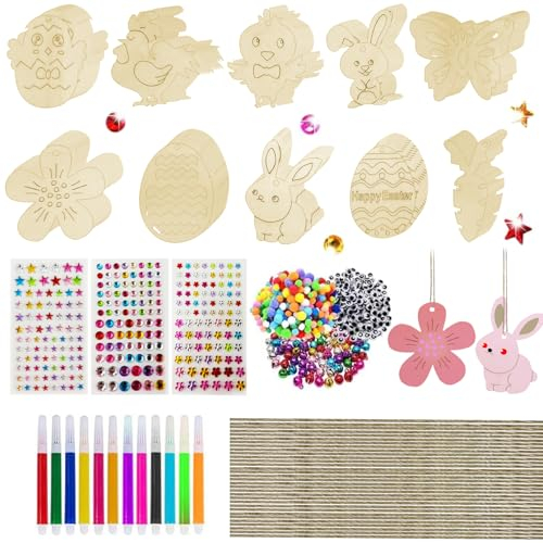 Jsdoin Holzanhänger Ostern Zum Bemalen, 265 Stück Osterdeko Basteln Kinder,n, Basteln, für Kinder, mit Bindfäden, Aquarellstiften, Augen, Aufklebern, Glocken, Pompons