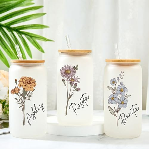Drawelry Personalised Glass Cup, Custom Name Birth Flower Printed Cup, Iced Coffee Beer Milk Tea Glass with Bamboo Lid Straw, Birthday Gift for Her Him