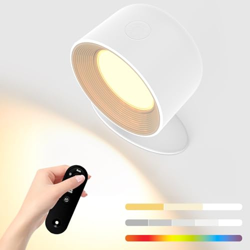 BNEHHOV Aplique Pared Interior Luz Led Adhesiva 3 Temperaturas de Color 5 Niveles de Brillo 6RGB 360° Rotation Control Táctil y Remoto Lamparas Sin Cables lampara pared Recargable (Blanco)