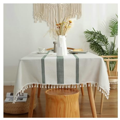 Tischtuch Quadratisch, Tischtuch 140x300CM Polyester Abwaschbare Tischdecke Streifen mit Quasten Tischdecke für die Küche, Grün